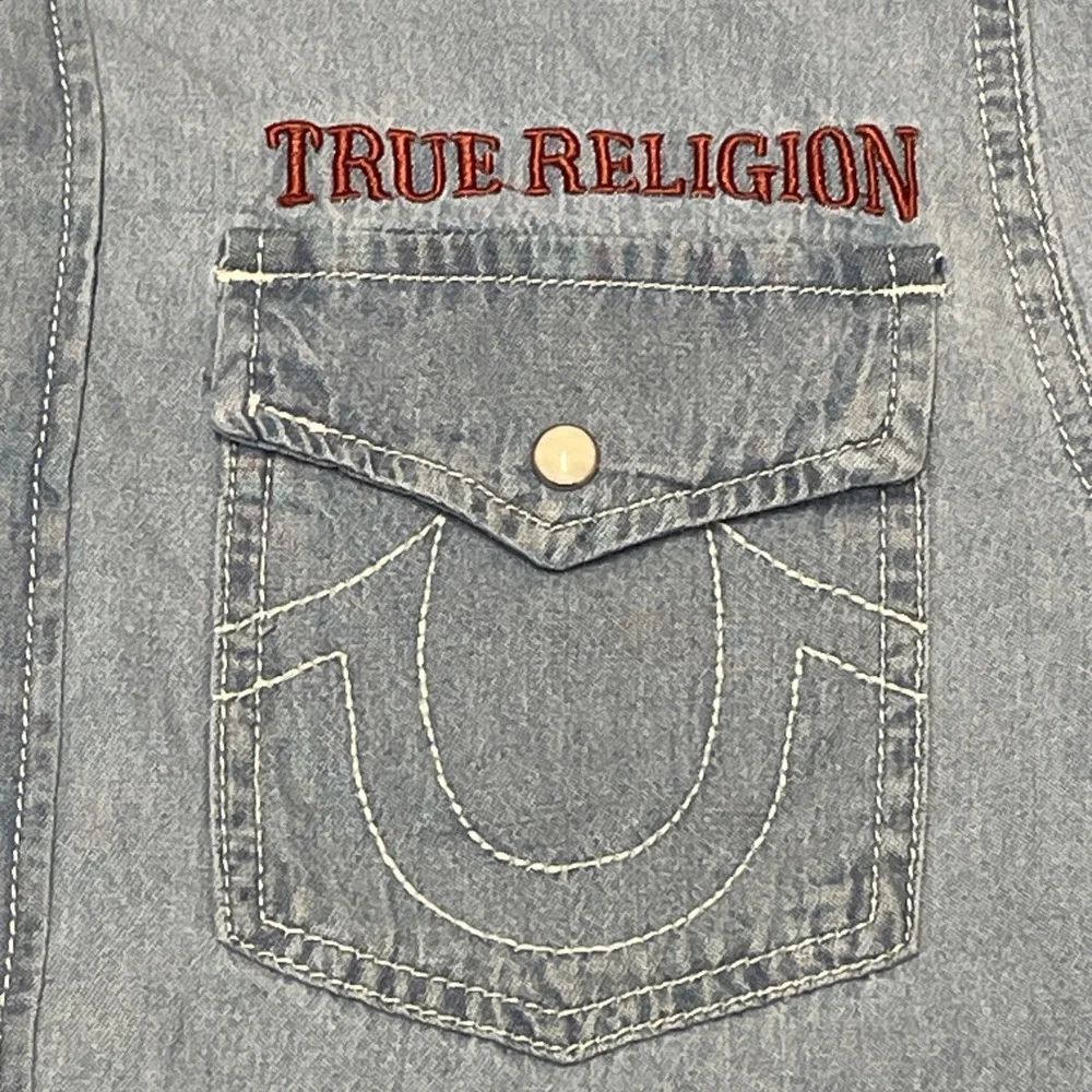 NWT True Religion Denim Long Sleeve Shirt Western Chambray Pearl Snap Men's S